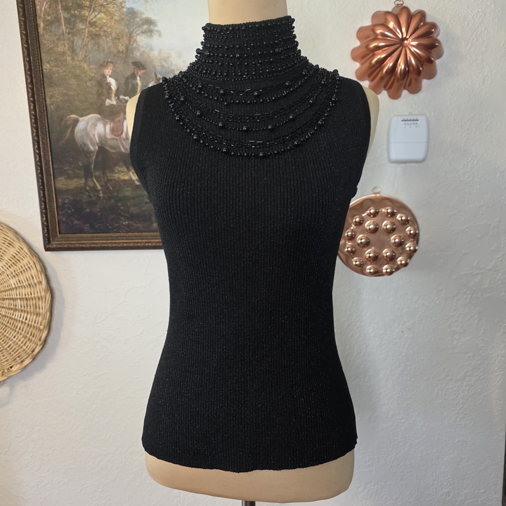 Vintage Evie Petite Black Beaded Silk-Blend Mock-Neck Old Hollywood Glam Top